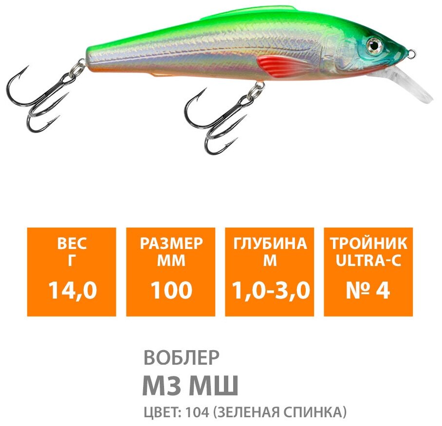 Воблер для рыбалки плавающий AQUA M-3-малошумный 100mm 14g заглубление от 1,5 до 3.5m цвет 104