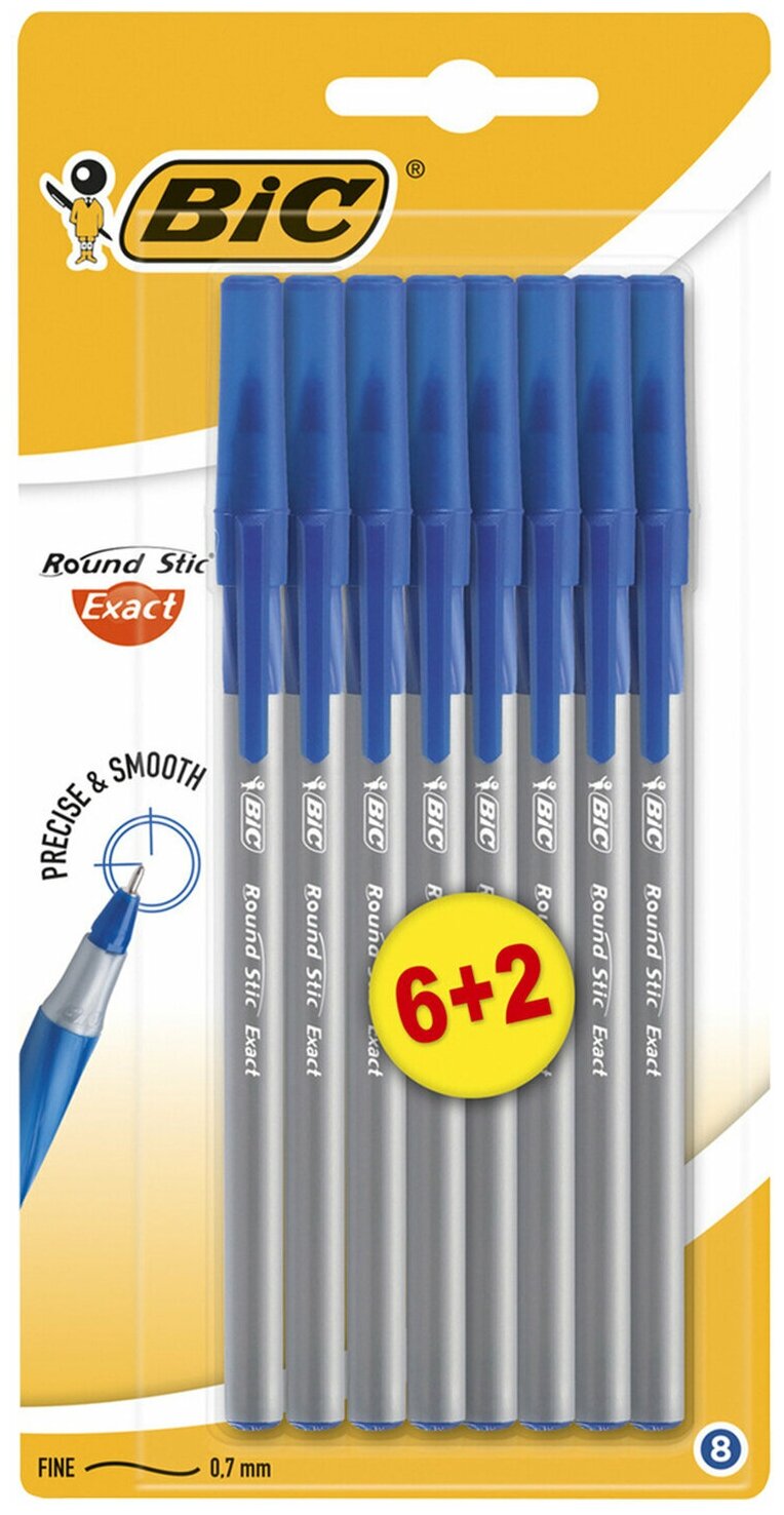 Ручки шариковые с грипом BIC "Round Stic Exact", набор 6+2 шт, синие, линия письма 0,28 мм, блистер, 932862 В комплекте: 1шт.
