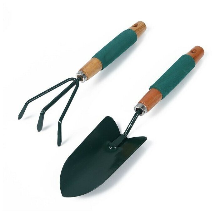 Набор садового инструмента, 2 предмета: совок, рыхлитель, длина 36 см, деревянные ручки с поролоном - фотография № 1