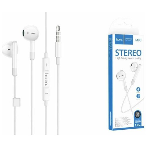 Наушники внутриканальные HOCO M93 силикон микрофон кнопка ответа регулятор громкости кабель Jack 35mm 12м цвет белый 30600₽