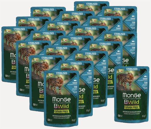 Изображение товара Monge Cat BWild GRAIN FREE паучи из тунца с креветками и овощами для стерилизованных кошек 85г х 20 шт.