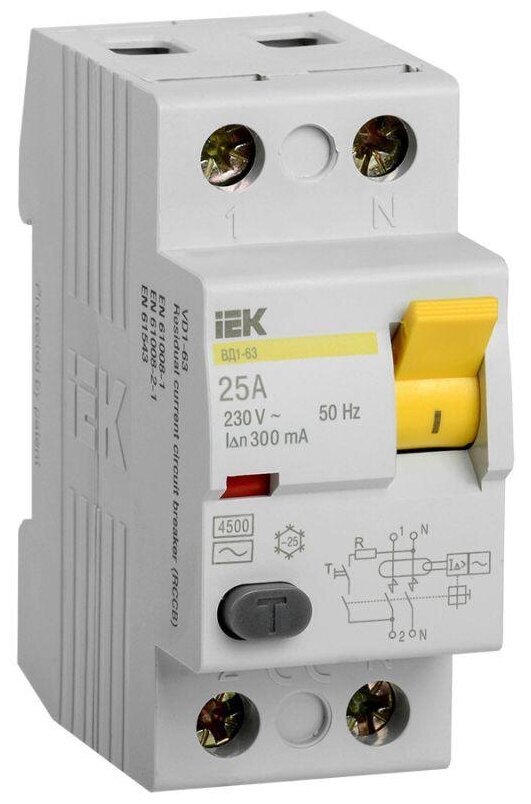Выключатель дифференциального тока (УЗО) 2п 25А 300мА тип AC ВД1-63, IEK MDV10-2-025-300 (1 шт.)