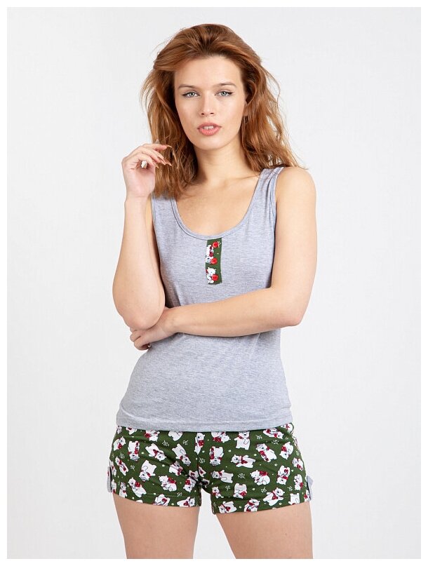 Комплект женский Lilians., пижама, майка-шорты, размер 44, зеленый/серый, "Умка"/принт - фотография № 2