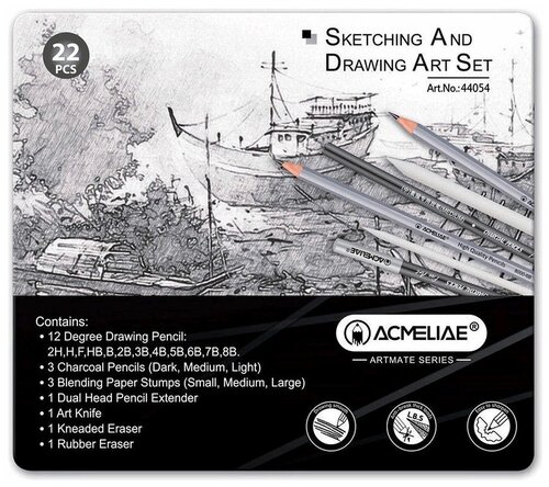 Набор чернографитных карандашей для рисования + 10 предметов ACMELIAE, 22 предмета
