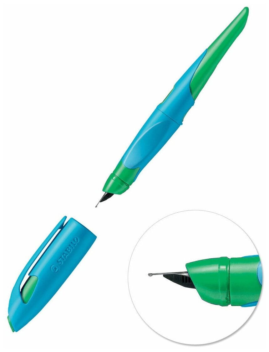 Перьевая ручка STABILO EASYbirdy корпус голубой/зеленый, синий картридж, для правшей