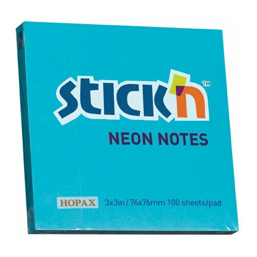 Блок самоклеящийся бумажный Stick`n 21209 76x76мм 100лист. 70г/м2 неон голубой (12 шт. в упаковке)