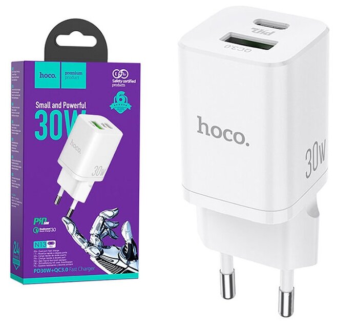 Сетевое зарядное устройство USB/Type-C Hoco N13 (3А, QC3.0, PD) без кабеля (белое)