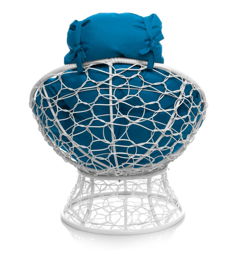Кресло папасан мини с ротангом белое, голубая подушка - фотография № 2