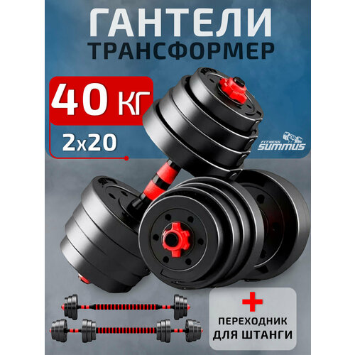 Гантели разборные пластиковые 2 шт. по 20 кг с коннектором для штанги красный, черный