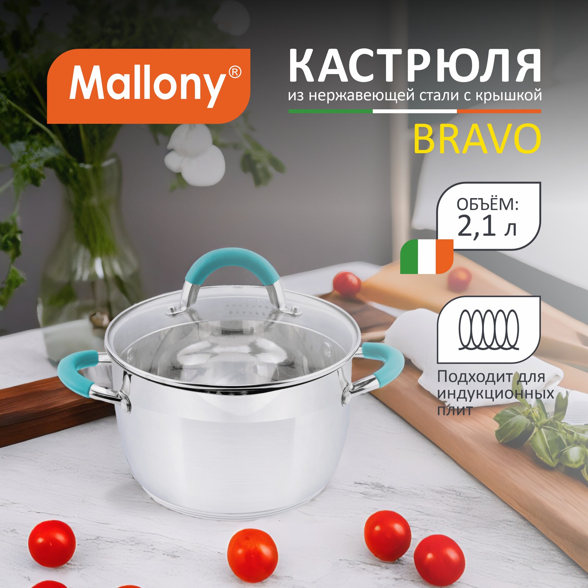 Кастрюля BRAVO, объем 2,1 л, из нерж стали с крышкой из жаропрочного стекла, размер 16*10,5 см