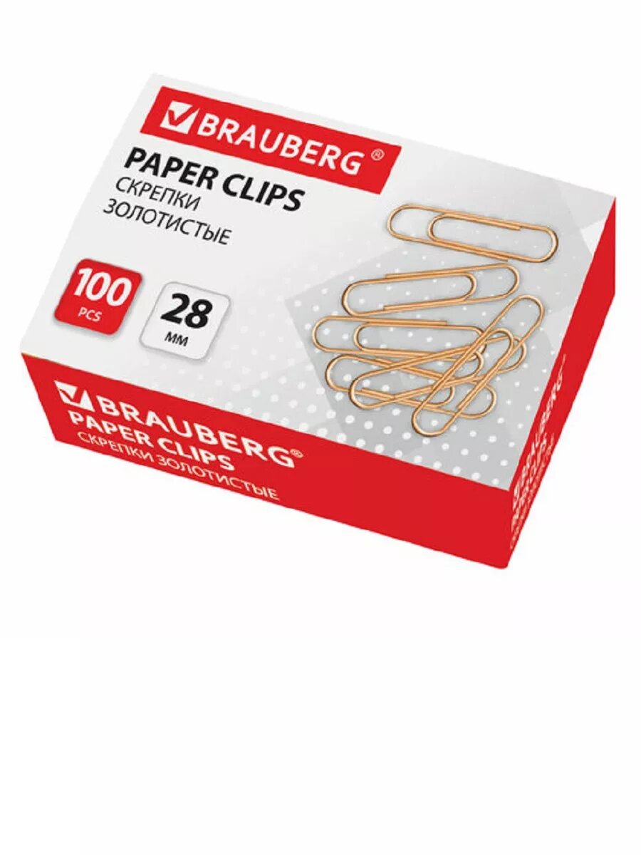 Скрепки BRAUBERG, 28 мм, золотистые, 100 шт.