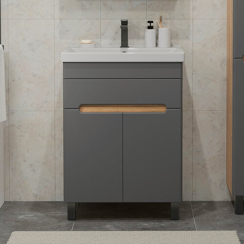 Изображение товара Тумба напольная SanStar Модена 60 с раковиной Фест 60 (комплект) для ванной комнаты, графит софт