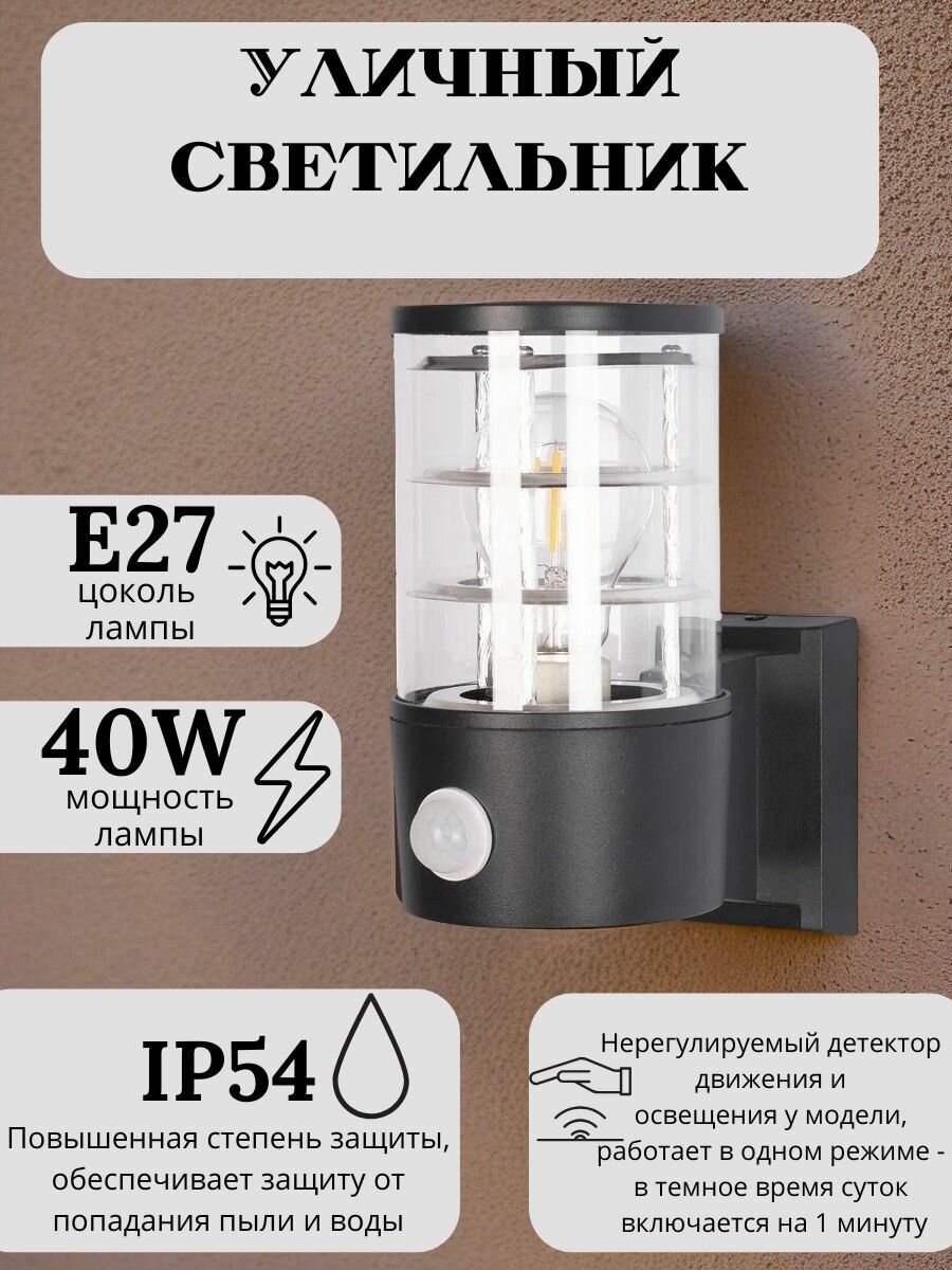 Светильник уличный настенный с детектором движения и освещения Arte Lamp Tokyo A5316AL-1BK