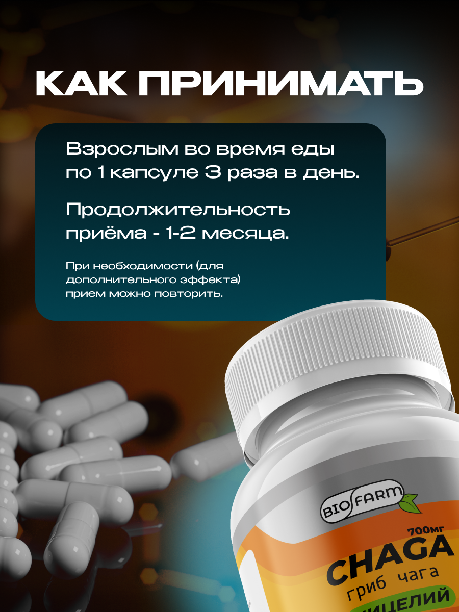 Чага березовая в капсулах, гриб чага по 700мг 90 капсул BIOFARM — фото 1