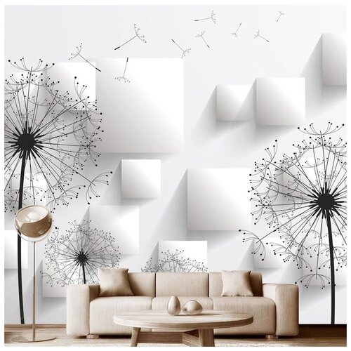 Фотообои на стену флизелиновые Модный Дом Одуванчики с белыми квадратами 300x280 см (ШxВ), в спальню, гостиную