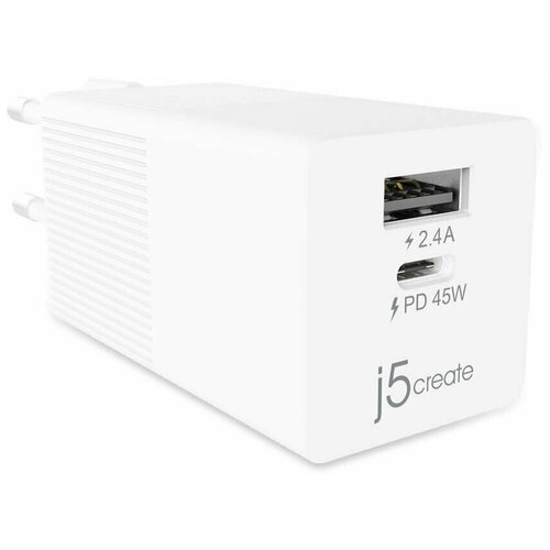 Сетевое зарядное устройство j5create 45W Dynamic PD USB-C Mini Charger. Мощность зарядки: USB-C до 45 Вт, USB-A до 12 Вт.