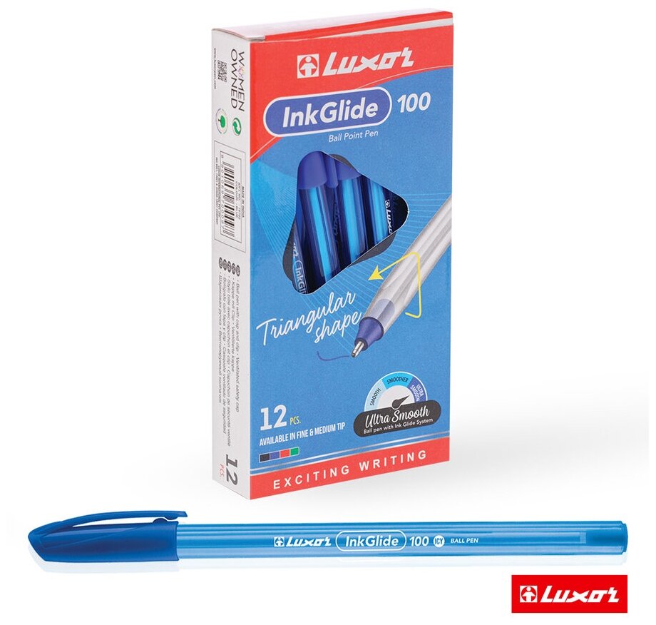 Ручка шариковая Luxor "InkGlide 100 Icy" синяя, 0,7мм, трехгранная, упаковка 12 шт.