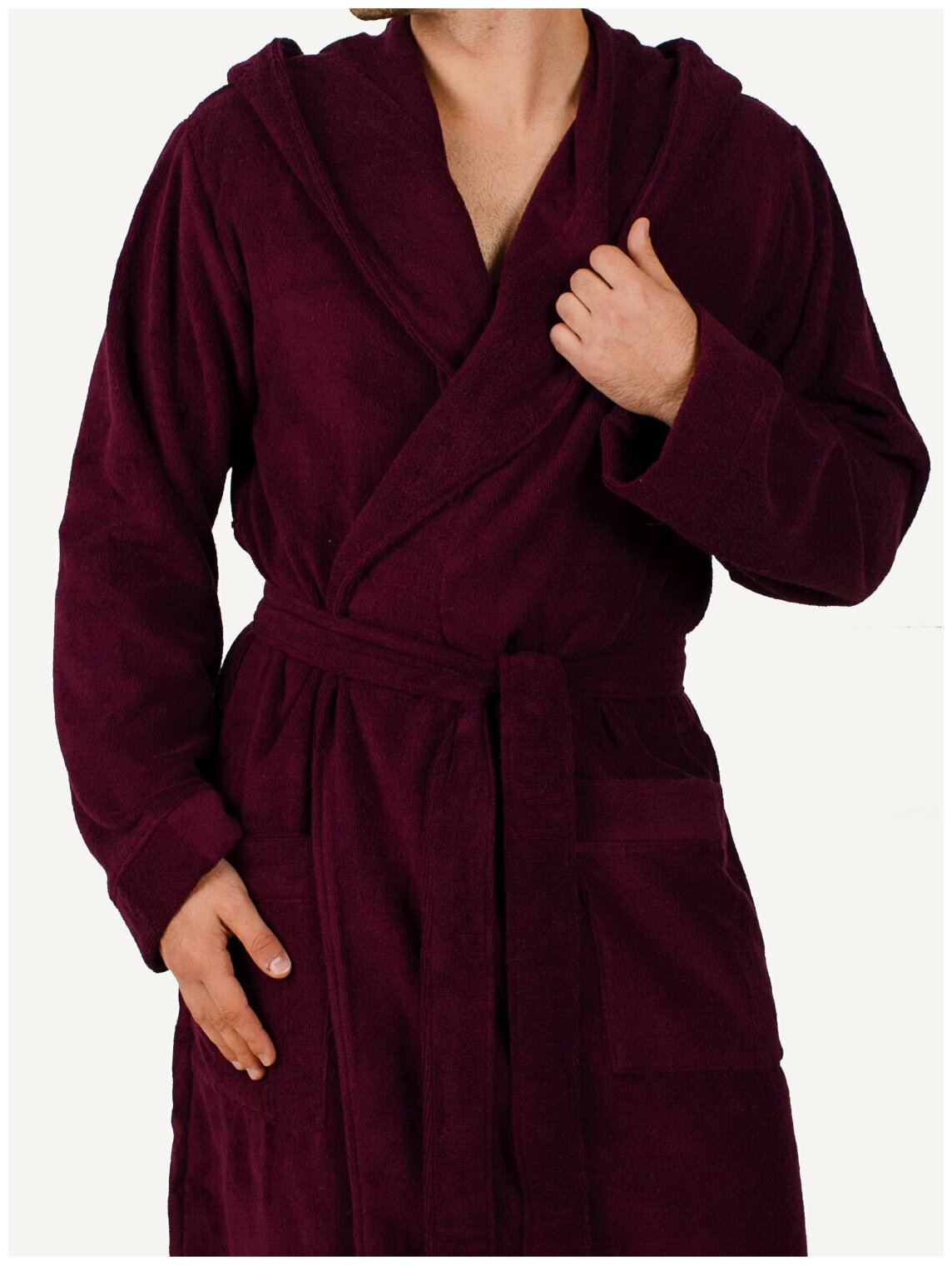 Мужской махровый халат с капюшоном, Темно-бордовый - фотография № 2