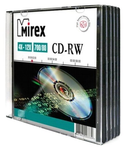 Компакт диск CD-RW 700мБ Mirex*4-12 тонкий/слим/ перезаписываемый по 5 шт.