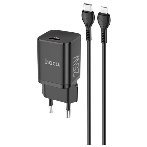 Сетевое зарядное устройство Hoco N19 Rigorous + кабель Lightning, 25 Вт, черный сетевое зарядное устройство n1 usb 2 4a белое адаптер блок питания hoco