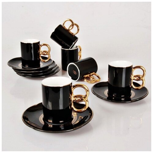 Сервиз кофейный, чайный, набор подарочной столовой посуды из фарфора ACAR, «Классический», чёрный, 90 мл, 12 предметов