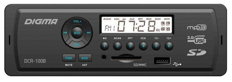 Автомагнитола Digma DCR-100B24 USB MP3 FM 1DIN 4x45Вт черный