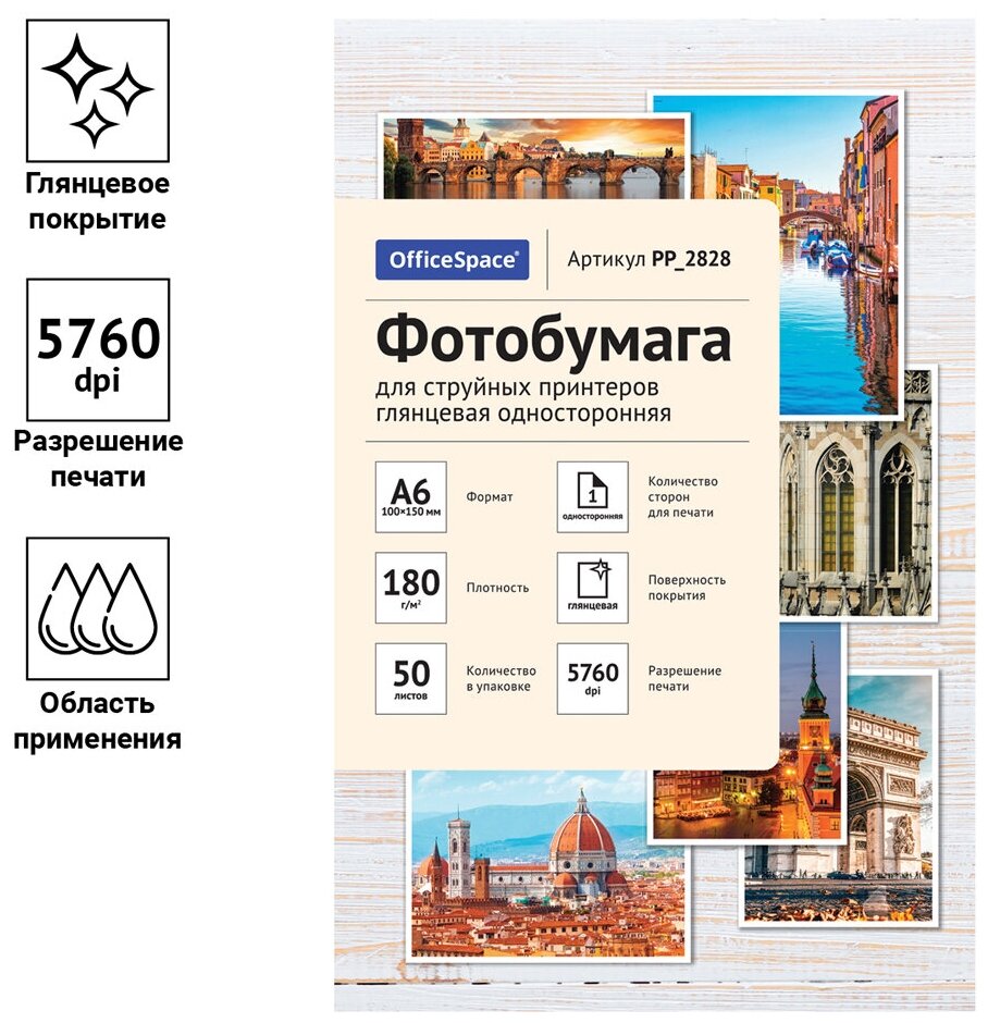 Фотобумага OfficeSpace для струйных принтеров, А6, 50 листов, глянцевая односторонняя