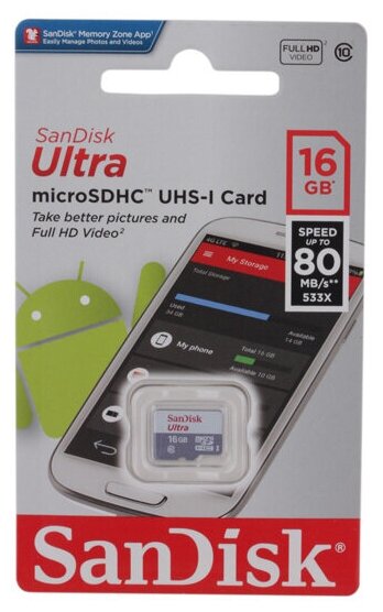 Карта памяти 16Gb - SanDisk Ultra microSD Class 10 UHS-I SDSQUNS-016G-GN3MA с переходником под SD (Оригинальная!)