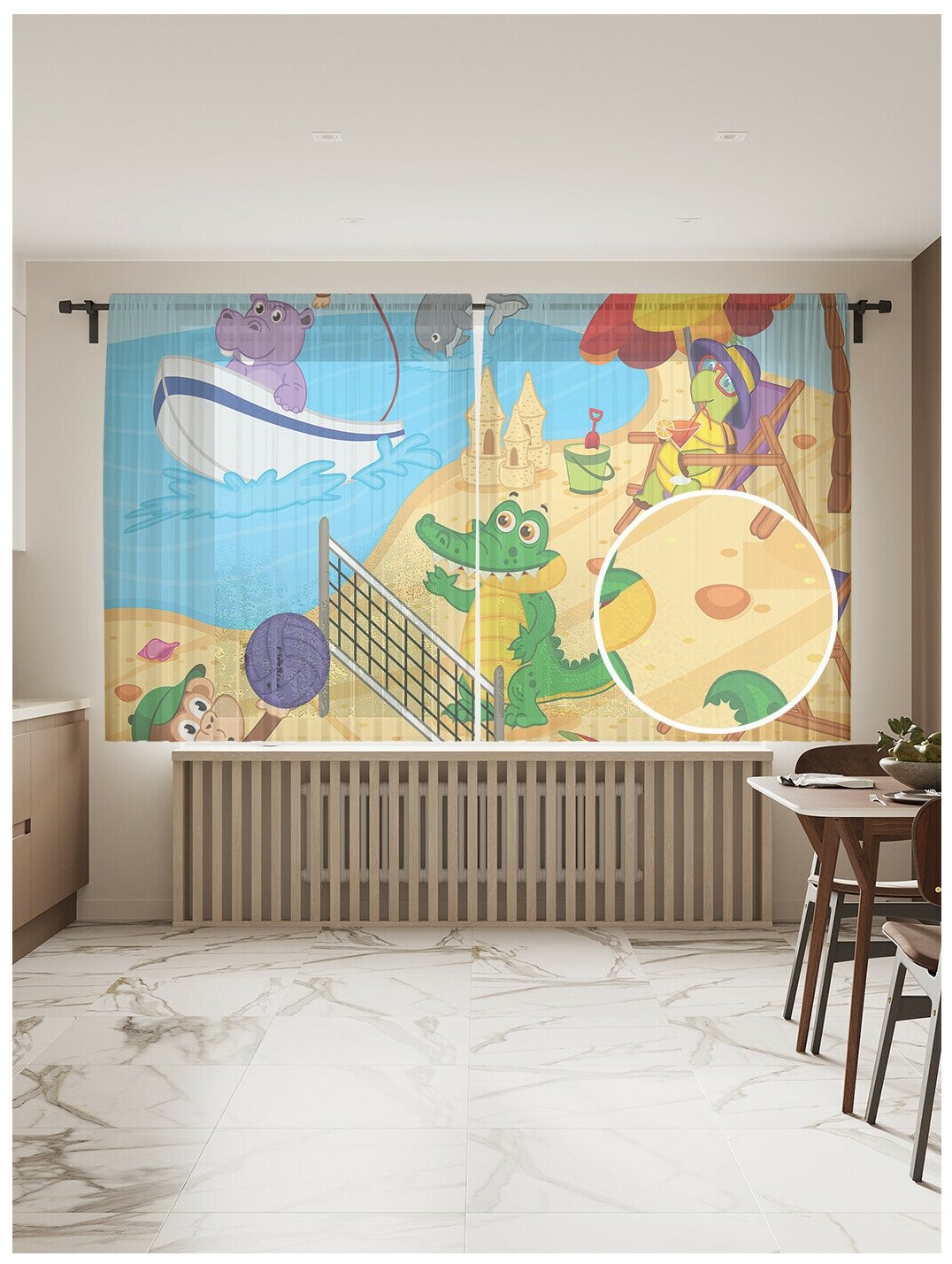 Тюль для кухни и спальни JoyArty "Пляж животных", 2 полотна со шторной лентой шириной по 145 см, высота 180 см.