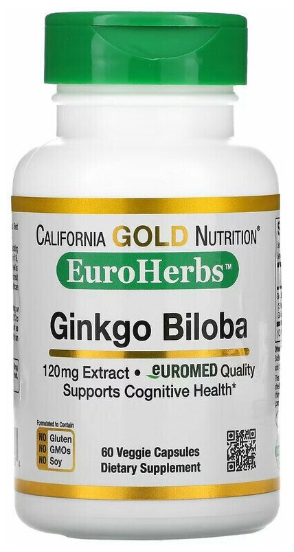 California Gold Nutrition Ginkgo Biloba Extract EuroHerbs (Гинко Билоба)120 мг 60 вег. капсул