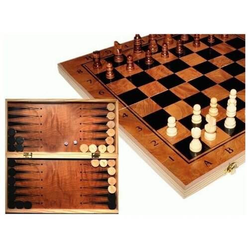 Игра '3 в 1'. Материал: дерево. В комплекте игры: нарды, шахматы, шашки. Размер доски в разложенном виде 40 см х 40 см. S4034.