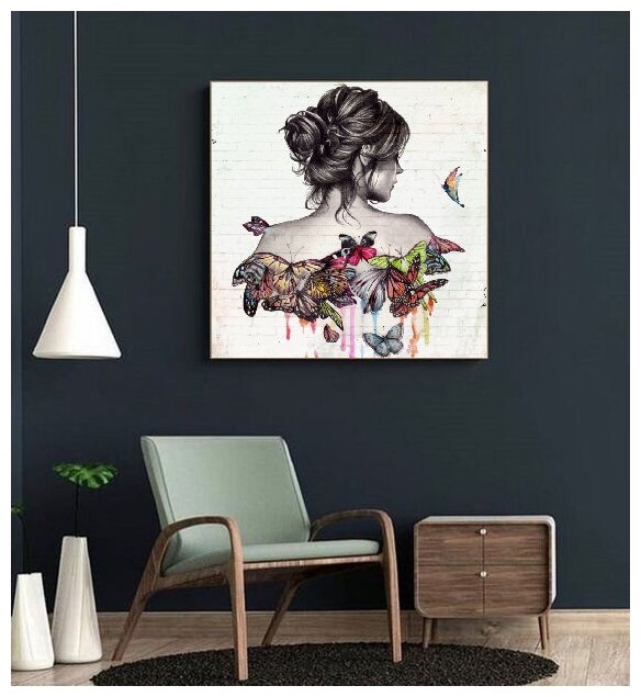 Интерьерная картина "Девушка с бабочками" в гостиную/зал/спальню, холст на подрамнике, 70х70 см