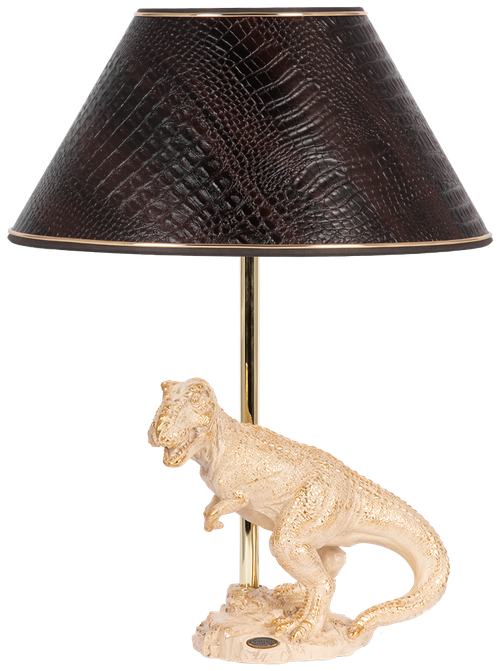 Настольная лампа Bogacho Динозавр Тирекс кремовая с абажуром коричневого цвета под рептилию ручная работа
