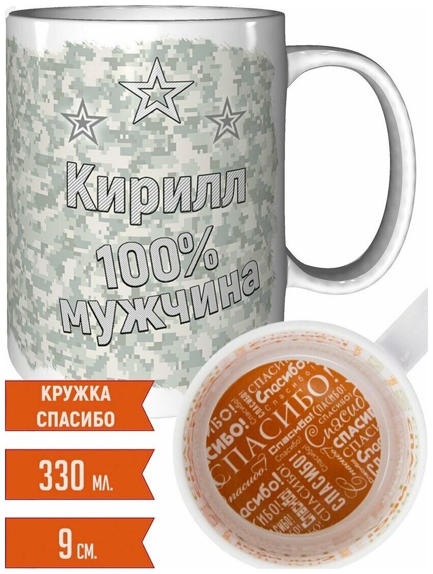 Кружка Кирилл 100% мужчина - с рисунком спасибо.