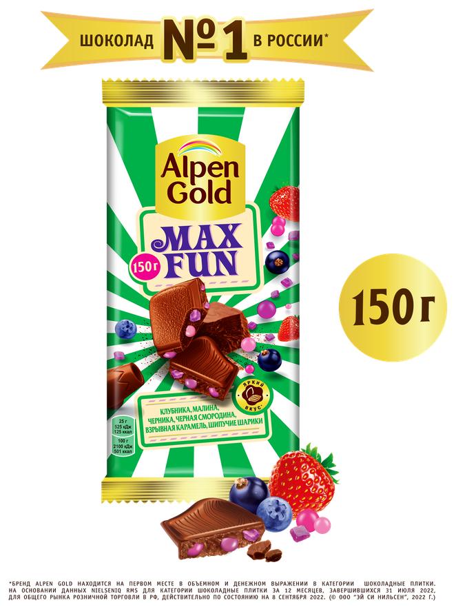 Шоколад Alpen Gold Max Fun молочный клубника, малина, черника, черная смородина, взрывная карамель, шипучие шарики, 150 г - фотография № 4