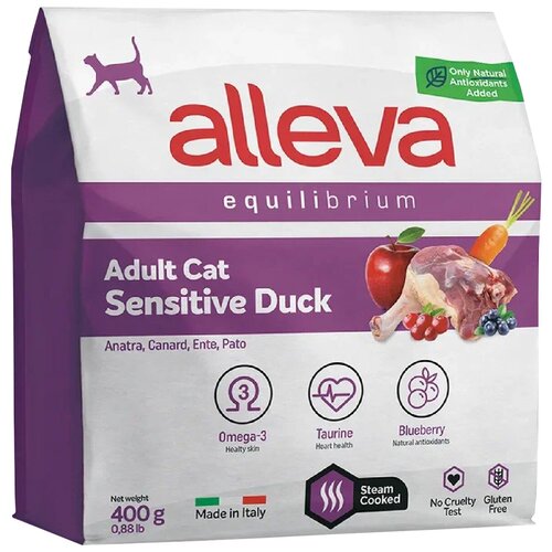 корм для кошек alleva equilibrium sensitive утка сух 1 5кг ALLEVA Корм сухой для кошек Equilibrium Cat Adult Sensitive Duck, для взрослых, с уткой, 0,4 кг