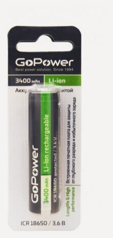 Изображение товара Аккумулятор Gopower Li-ion 18650 (Pan. NCR18650B) BL1 3.6V 3400mAh с защитой выс. конт.