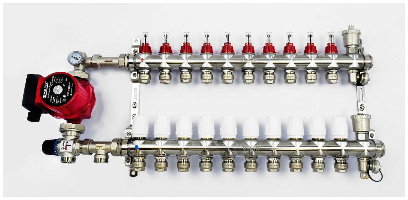 Комплект для тёплого пола на 4 контура с насосом (Коллектор VR116-04AKN на 4 контура, Насос циркуляционный , Евроконусы, Насосно-Смесительный узел VR204A)