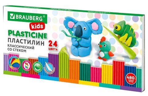 Пластилин Brauberg классический KIDS, 24 цвета, 480 грамм, стек, высшее качество, 106437