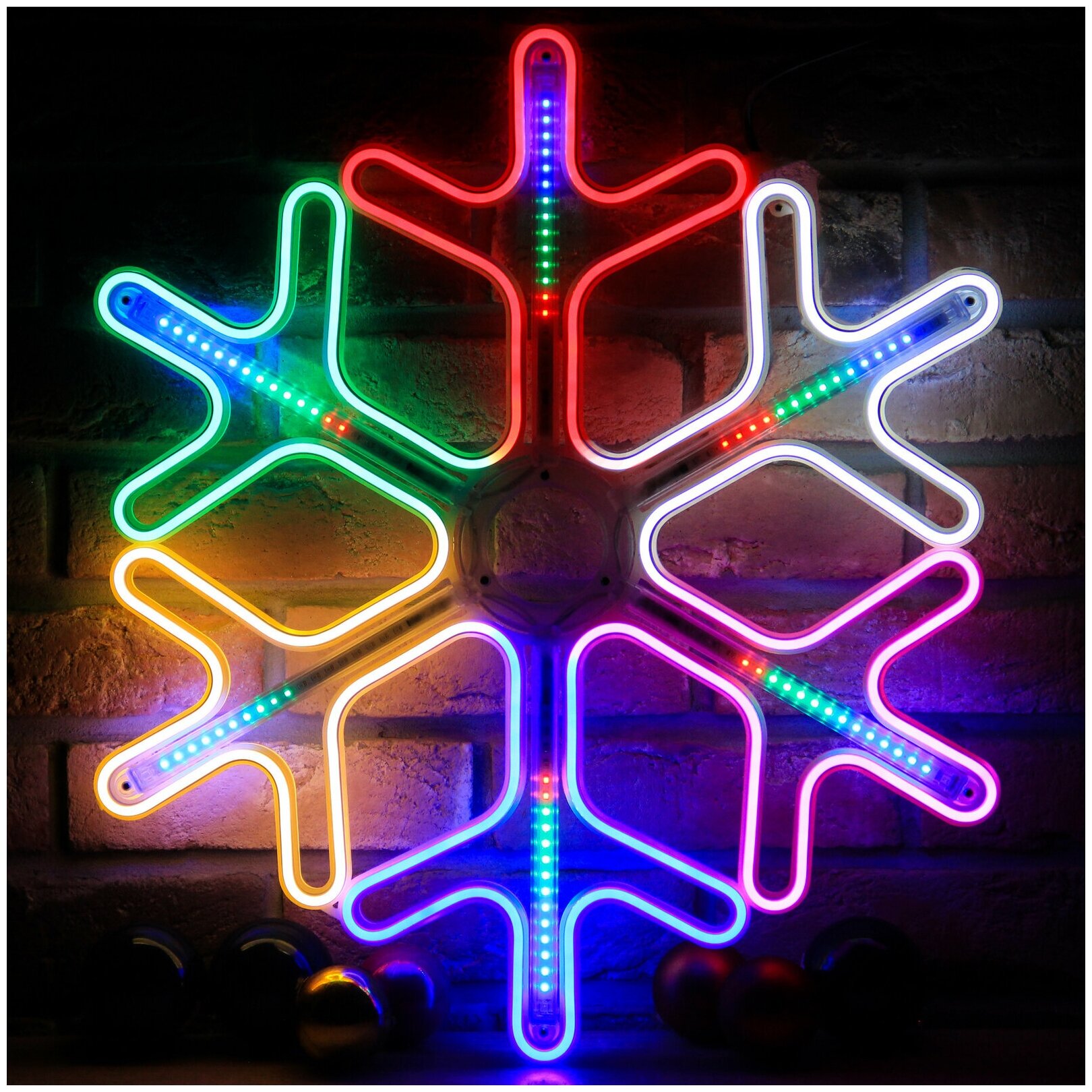 Каркасная светодиодная фигура снежинка неон 60см цветной, с эффектом пульсирования