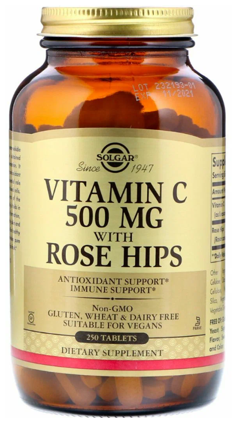 Solgar Vitamin C 500 мг with Rose Hips (витамин C с плодами шиповника) 250 таблеток (Solgar)