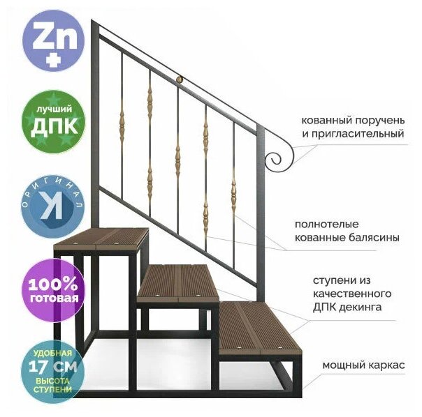 Лестница Медиум 3 ступени из ДПК с кованными перилами справа 165х100х91 см приставная цельносварная - фотография № 3