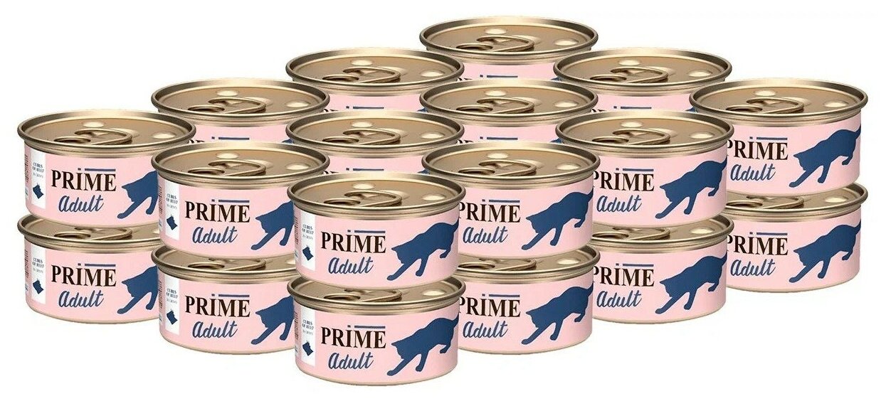 Влажный корм для кошек PRIME Adult кусочки из говядины в соусе, железная банка, 75г, 24 шт. - фотография № 1