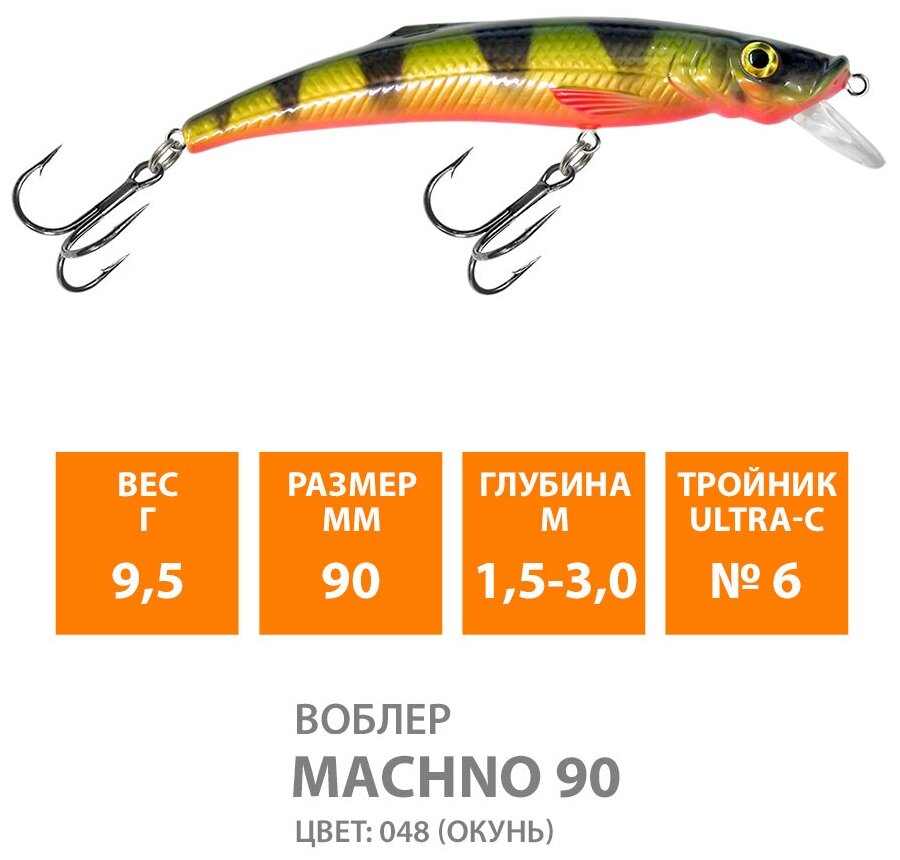 Воблер для рыбалки плавающий AQUA Machno 90mm 9.5g заглубление от 1.5 до 3m цвет 048