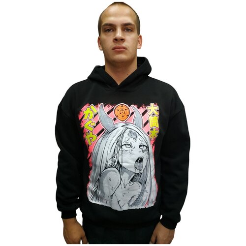 Худи мужская с начесом с капюшоном, теплая, черная , принт Аниме Ахэгао, толстовка