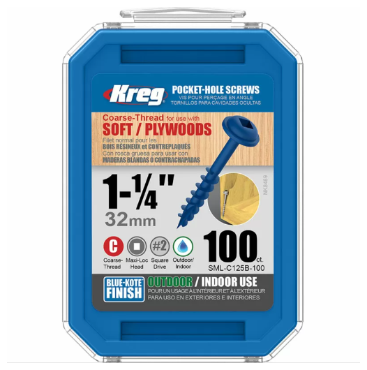 Шурупы с крупным шагом Kreg Blue Kote 1-1/2" 38мм - 1200 шт, SML-C150B-1200-INT