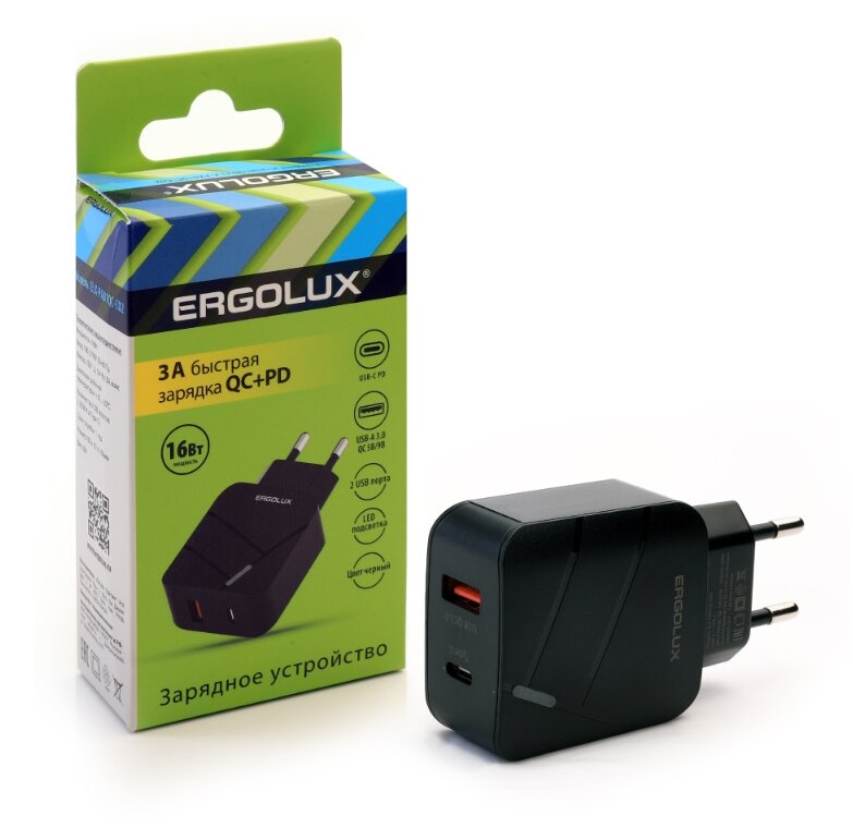 фото Сетевой адаптер 1USB+1Type C, 100-220В, 5-9V/3А, QC, Черный, Коробка ERGOLUX ELX-РA01QC-C02