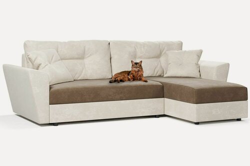 Изображение товара Угловой диван Амстердам еврокнижка, коричневый и бежевый велюр Кабрио, подушки бежевые, правый угол