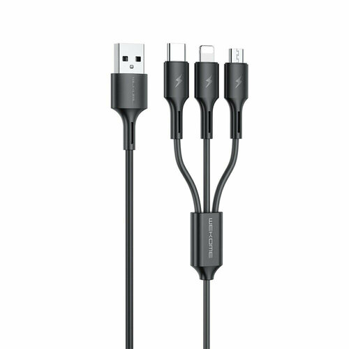 USB кабель WK Upine WDC-137th USB – Lightning 8-pin, MicroUSB, Type-C 3A TPU 1.2м (черный) кабель круглый keyron lightning 8 pin mfi usb type c черный 1 5 м