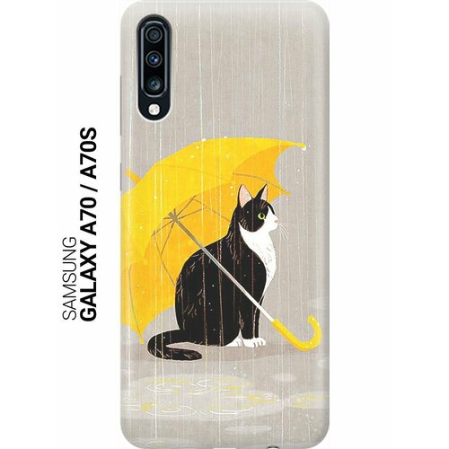 ультратонкий силиконовый чехол накладка для samsung galaxy a02 с принтом кот с желтым зонтом Ультратонкий силиконовый чехол-накладка для Samsung Galaxy A70, A70s с принтом Кот с желтым зонтом